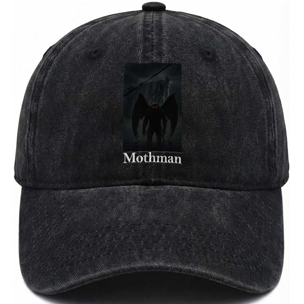 Mothman Washed Cotton Baseball Cap Folklore Cryptid Gift Silver Bridge West Virginia TS12 Washed Cap Universal Fit Black Print Your Wear