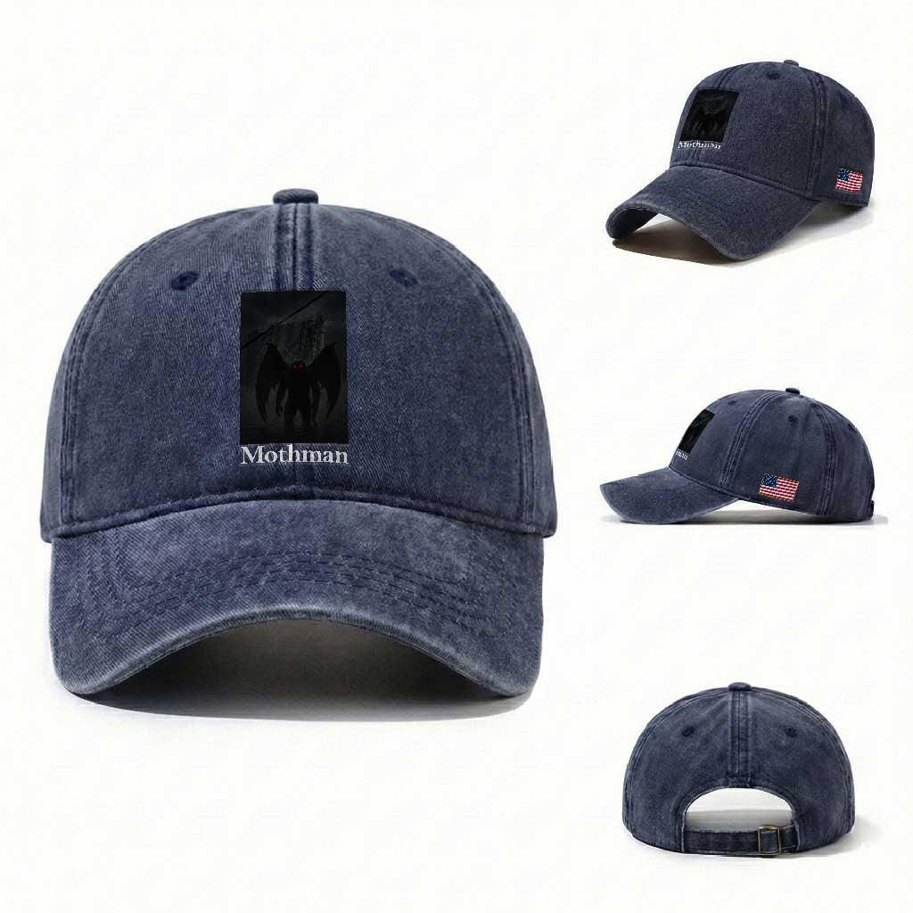 Mothman Washed Cotton Baseball Cap Folklore Cryptid Gift Silver Bridge West Virginia TS12 Washed Cap Universal Fit Navy Print Your Wear
