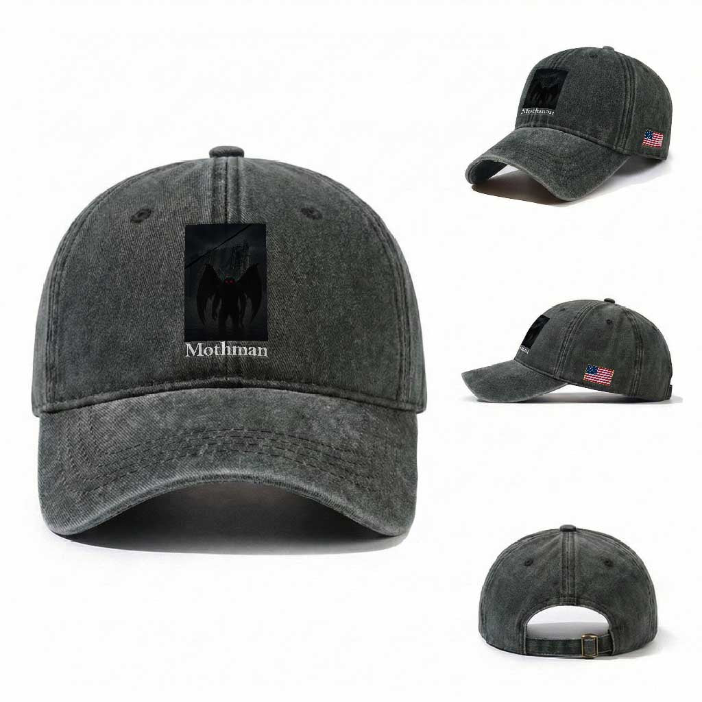 Mothman Washed Cotton Baseball Cap Folklore Cryptid Gift Silver Bridge West Virginia TS12 Washed Cap Universal Fit Dark Green Print Your Wear