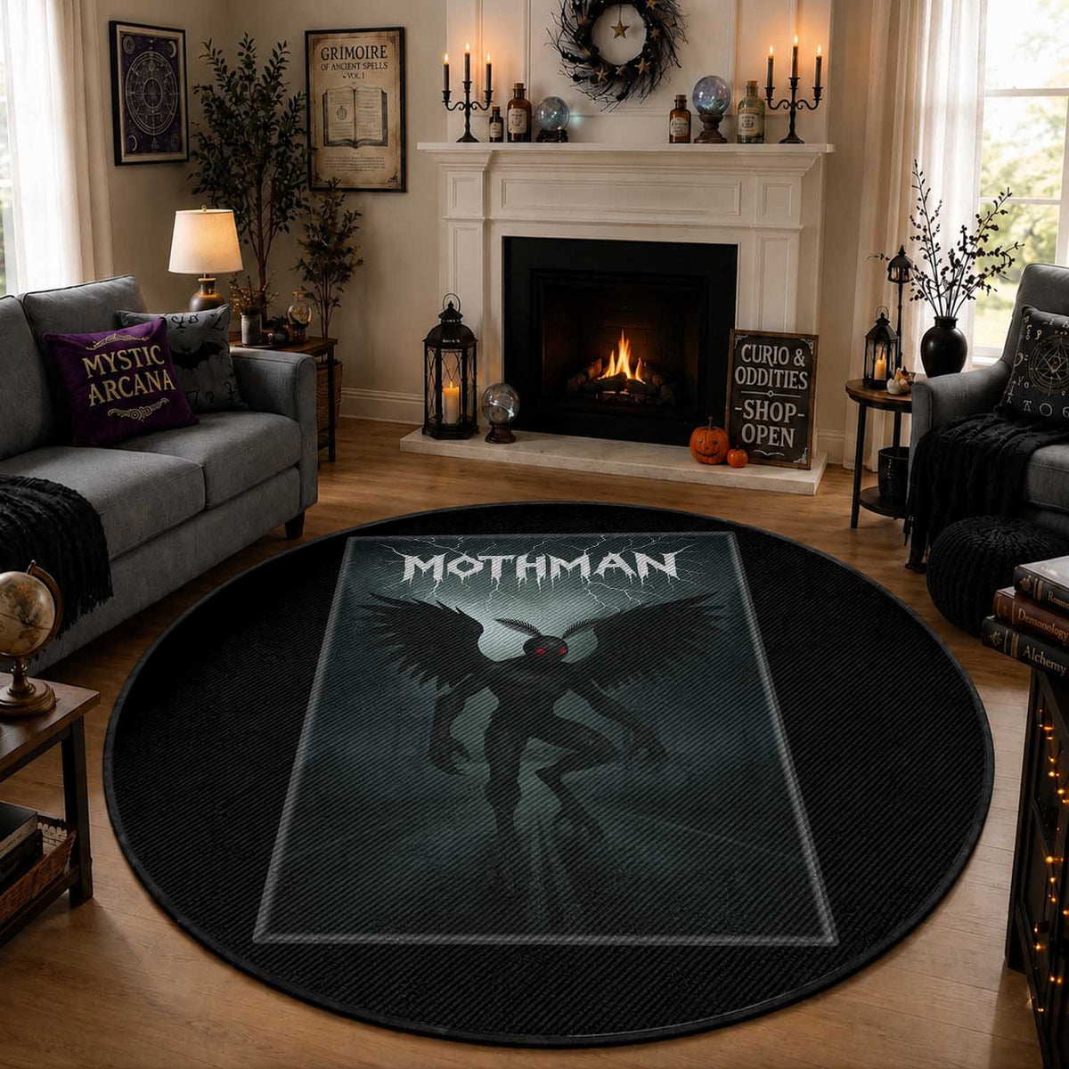 Mothman Round Rug Folklore Gothic Horror Cryptid Gift