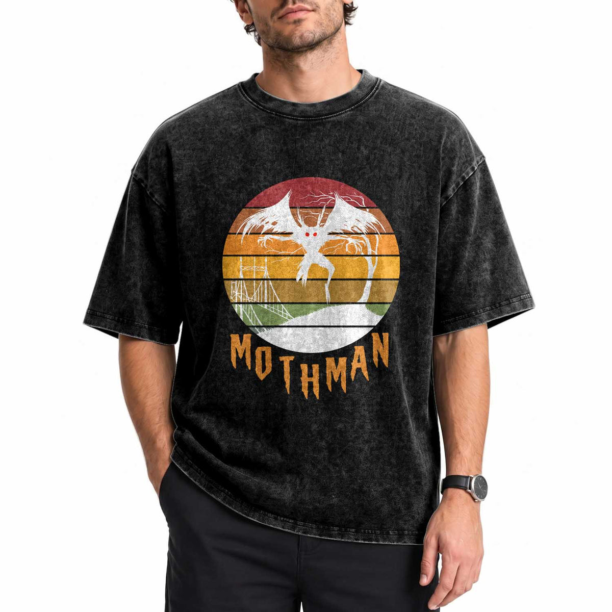Mothman Washed Cotton T-Shirt Retro Vintage Cryptid Gothic Horror Gift