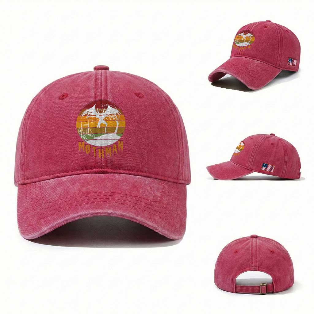 Mothman Washed Cotton Baseball Cap Retro Vintage Cryptid Gothic Horror Gift TS12 Washed Cap Universal Fit Red Print Your Wear