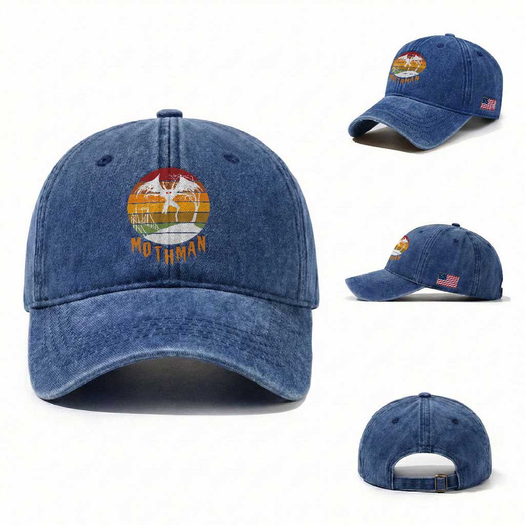 Mothman Washed Cotton Baseball Cap Retro Vintage Cryptid Gothic Horror Gift TS12 Washed Cap Universal Fit Royal Blue Print Your Wear
