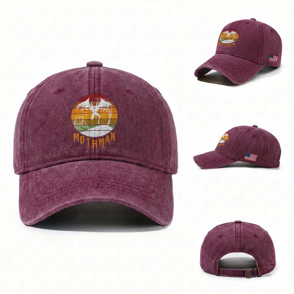 Mothman Washed Cotton Baseball Cap Retro Vintage Cryptid Gothic Horror Gift TS12 Washed Cap Universal Fit Burgundy Print Your Wear