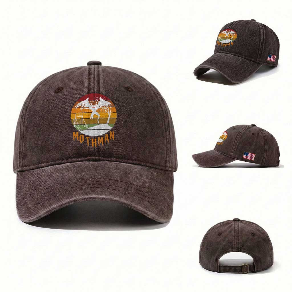 Mothman Washed Cotton Baseball Cap Retro Vintage Cryptid Gothic Horror Gift TS12 Washed Cap Universal Fit Dark Brown Print Your Wear