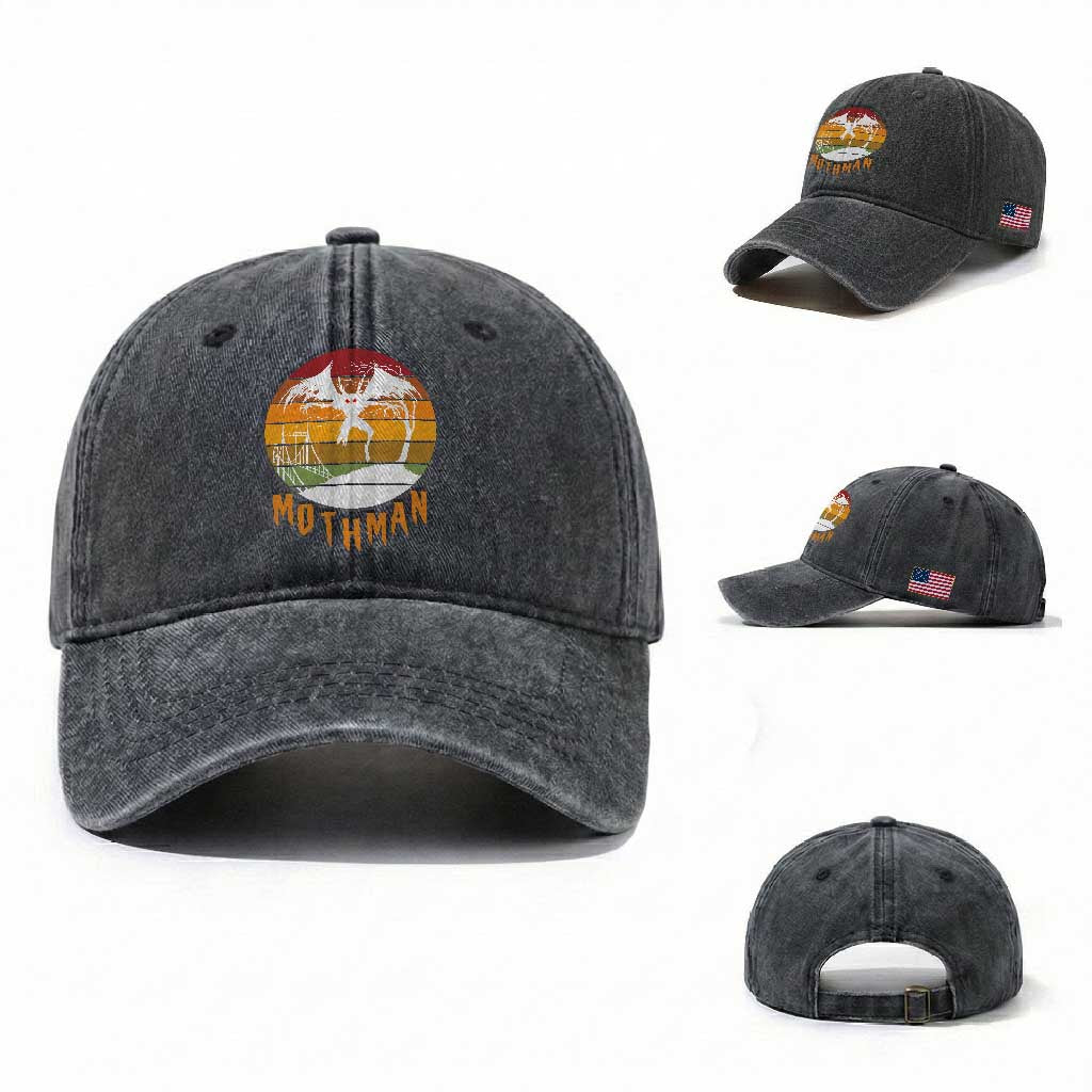 Mothman Washed Cotton Baseball Cap Retro Vintage Cryptid Gothic Horror Gift TS12 Washed Cap Universal Fit Dark Gray Print Your Wear