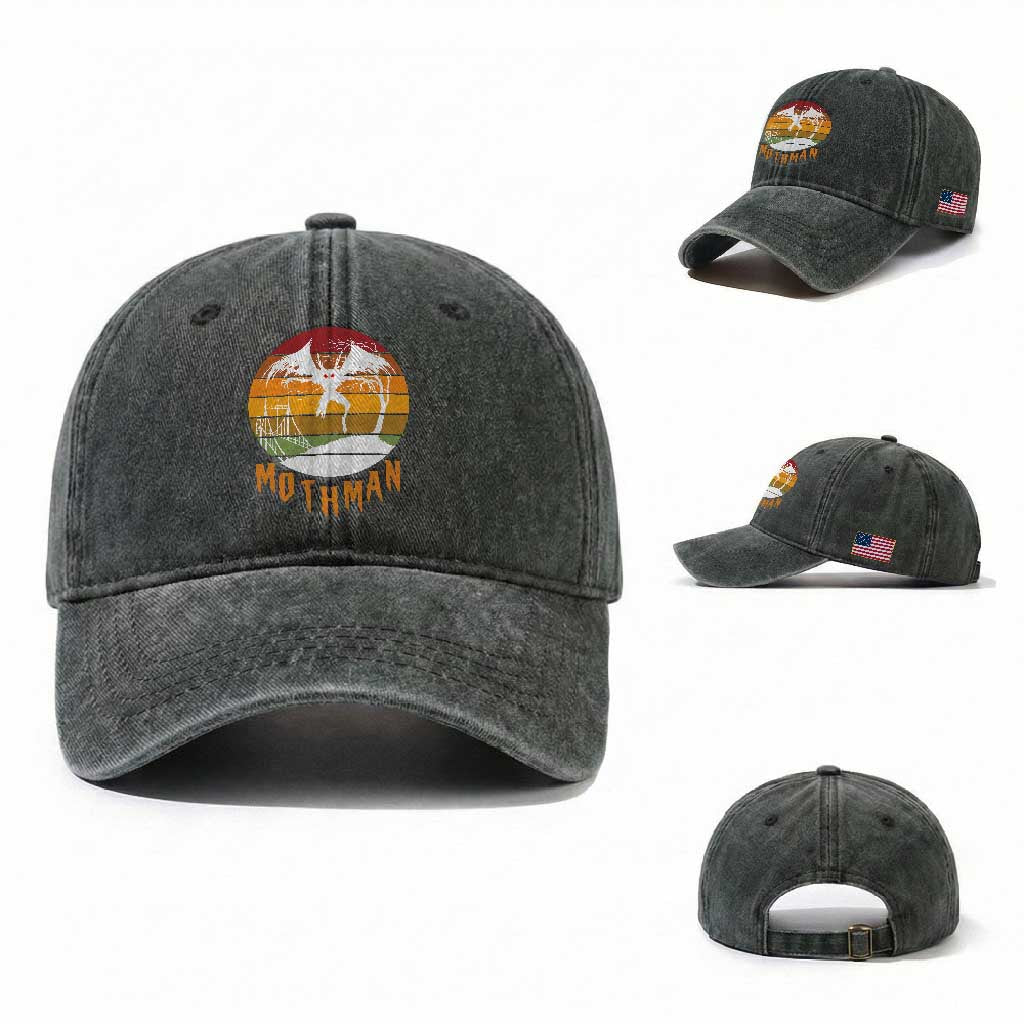 Mothman Washed Cotton Baseball Cap Retro Vintage Cryptid Gothic Horror Gift TS12 Washed Cap Universal Fit Dark Green Print Your Wear