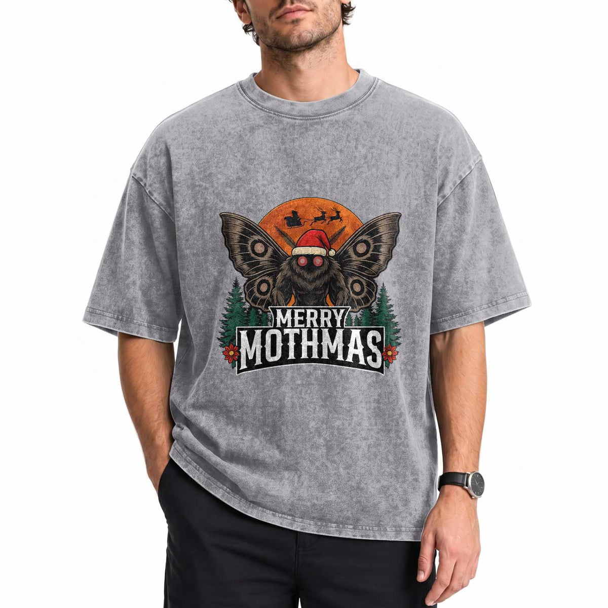 Mothman Washed Cotton T-Shirt Holiday Humor Merry Mothmas Cryptid Gift