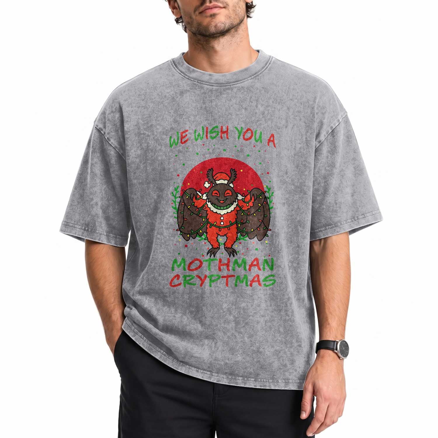Mothman Christmas Washed Cotton T-Shirt We Wish You A Mothman Cryptmas Funny Christmas Gift