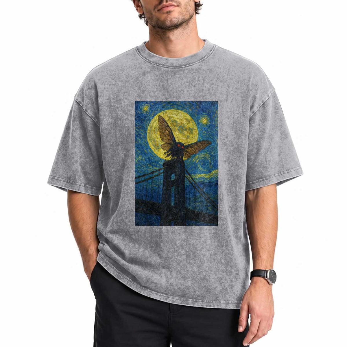 Mothman Starry Night Washed Cotton T-Shirt Van Gogh Cryptid Gift