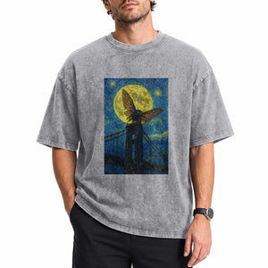 Mothman Starry Night Washed Cotton T-Shirt Van Gogh Cryptid Gift