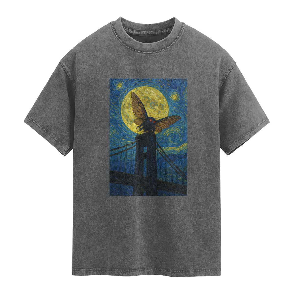 Mothman Starry Night Washed Cotton T-Shirt Van Gogh Cryptid Gift