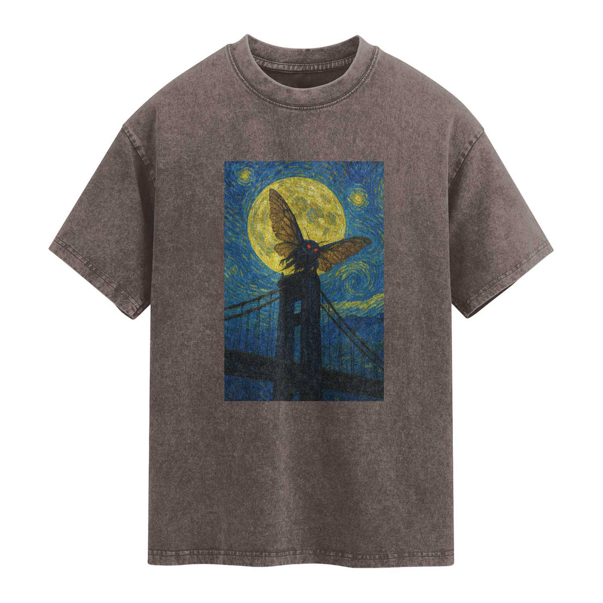 Mothman Starry Night Washed Cotton T-Shirt Van Gogh Cryptid Gift