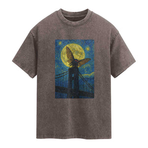 Mothman Starry Night Washed Cotton T-Shirt Van Gogh Cryptid Gift