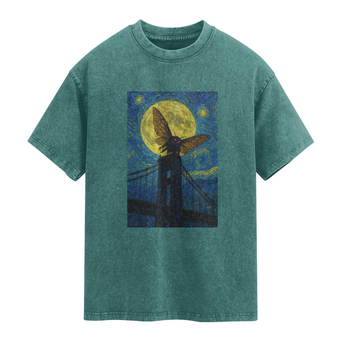 Mothman Starry Night Washed Cotton T-Shirt Van Gogh Cryptid Gift