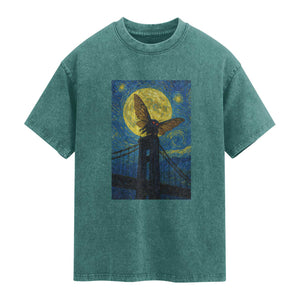 Mothman Starry Night Washed Cotton T-Shirt Van Gogh Cryptid Gift