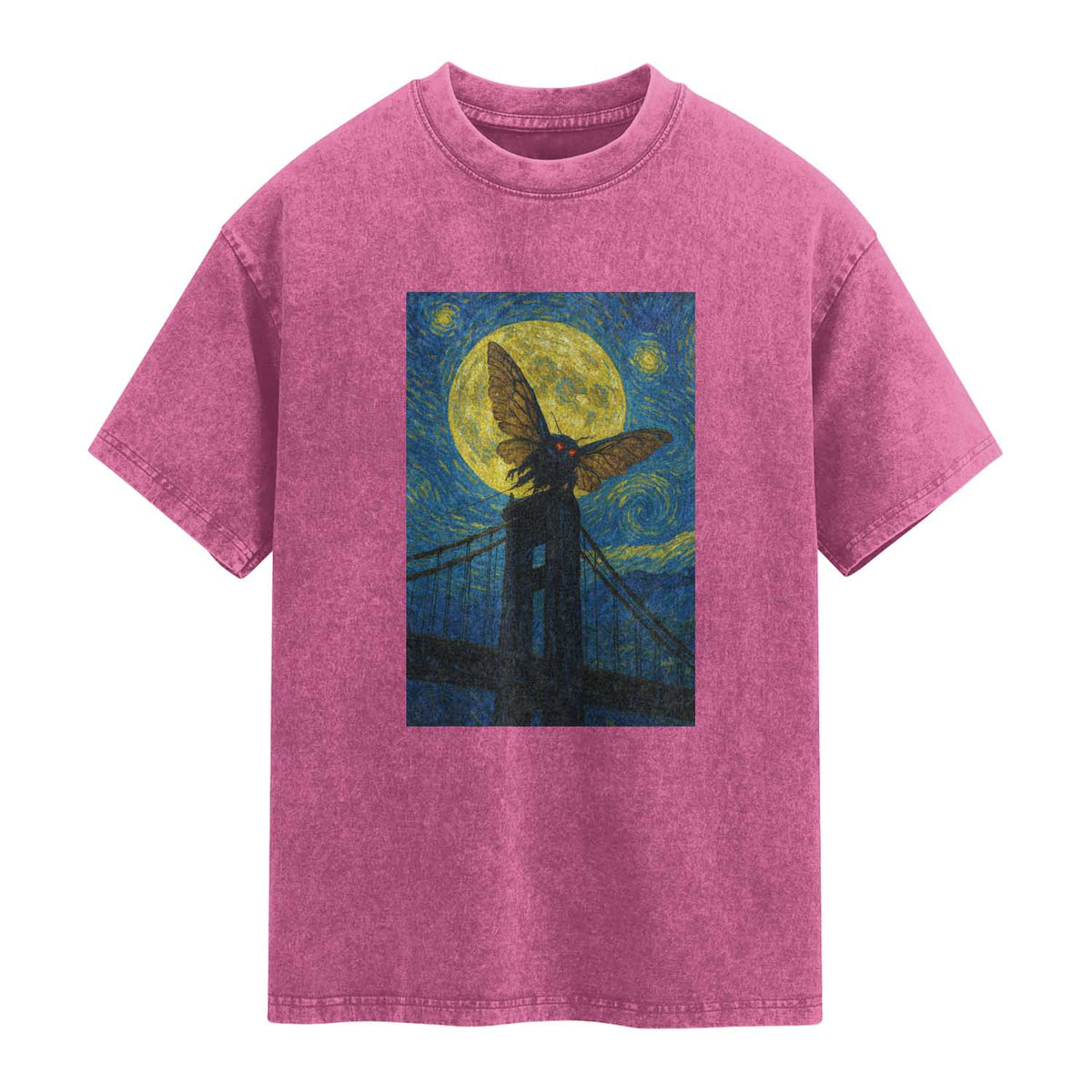 Mothman Starry Night Washed Cotton T-Shirt Van Gogh Cryptid Gift