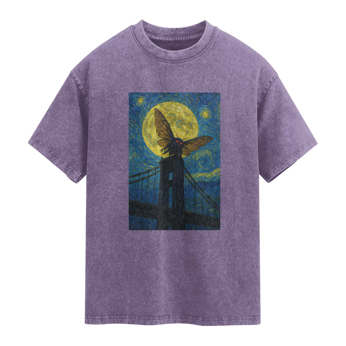 Mothman Starry Night Washed Cotton T-Shirt Van Gogh Cryptid Gift