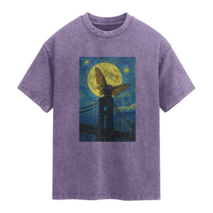 Mothman Starry Night Washed Cotton T-Shirt Van Gogh Cryptid Gift