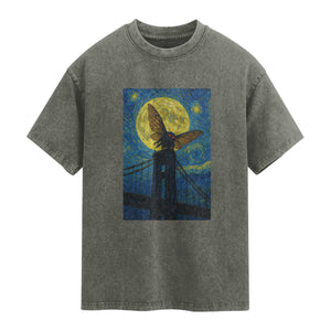 Mothman Starry Night Washed Cotton T-Shirt Van Gogh Cryptid Gift