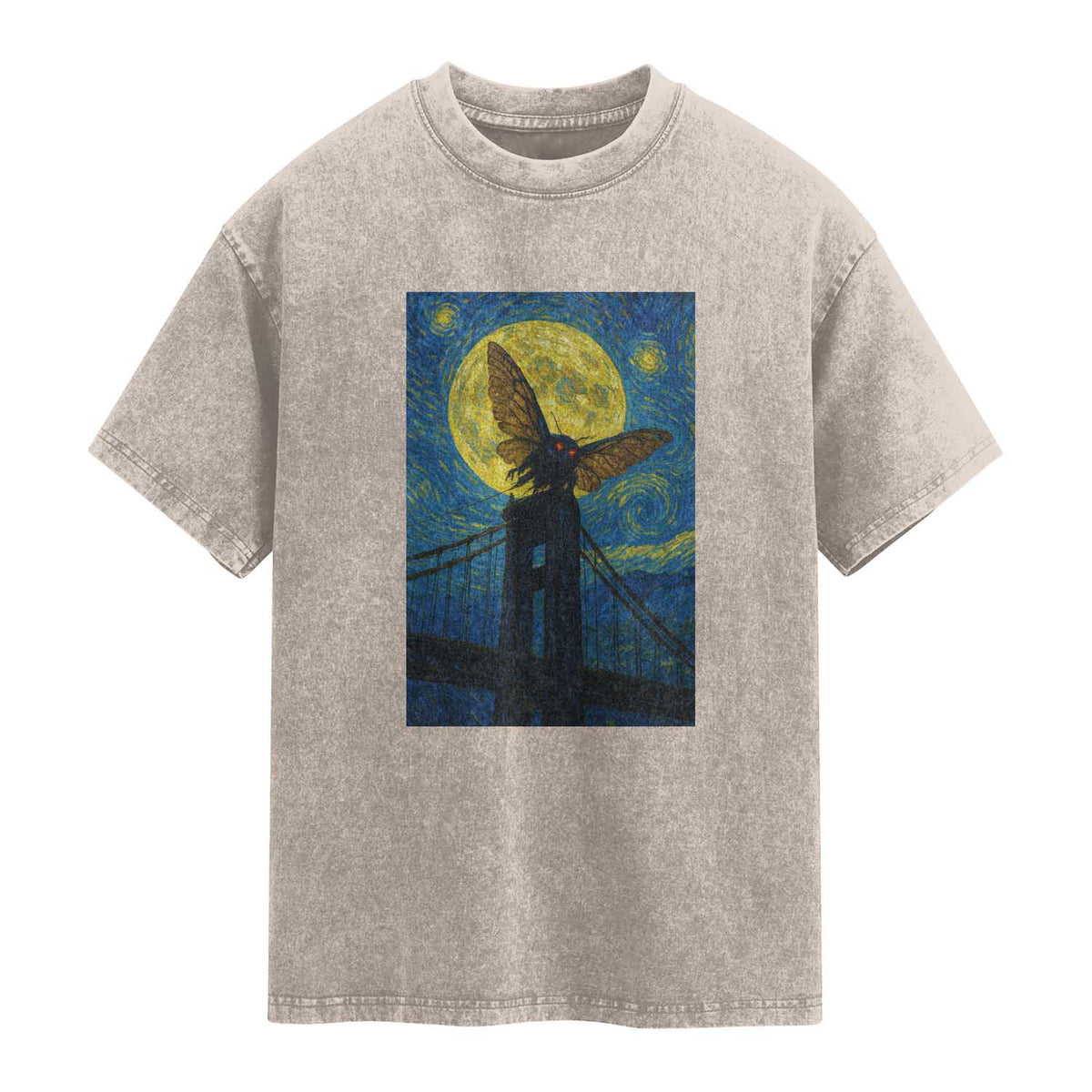 Mothman Starry Night Washed Cotton T-Shirt Van Gogh Cryptid Gift