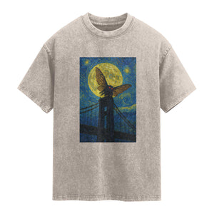 Mothman Starry Night Washed Cotton T-Shirt Van Gogh Cryptid Gift