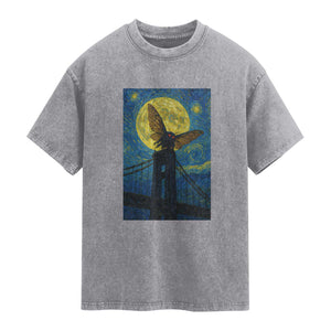 Mothman Starry Night Washed Cotton T-Shirt Van Gogh Cryptid Gift