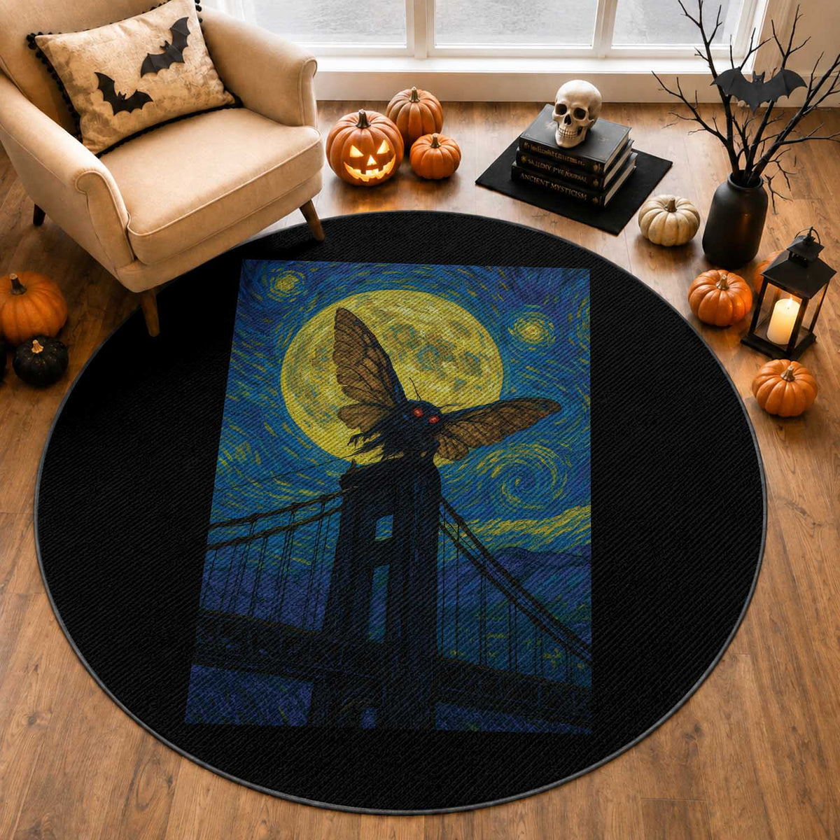 Mothman Starry Night Round Rug Van Gogh Cryptid Gift