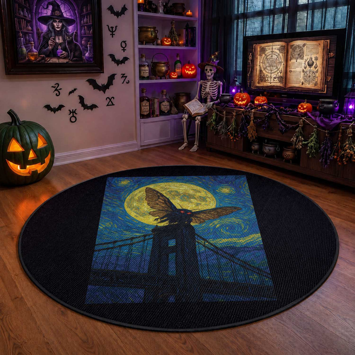 Mothman Starry Night Round Rug Van Gogh Cryptid Gift
