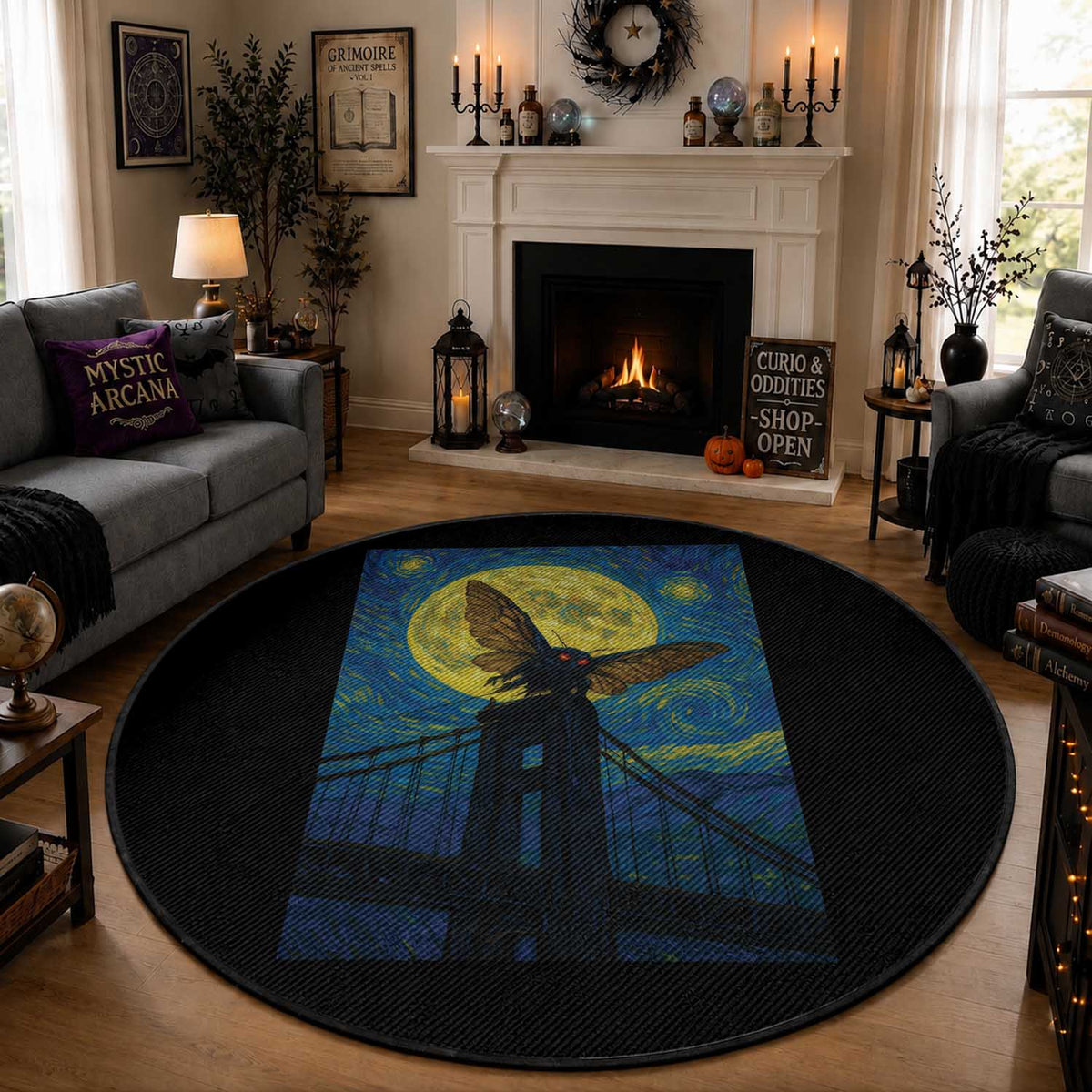 Mothman Starry Night Round Rug Van Gogh Cryptid Gift