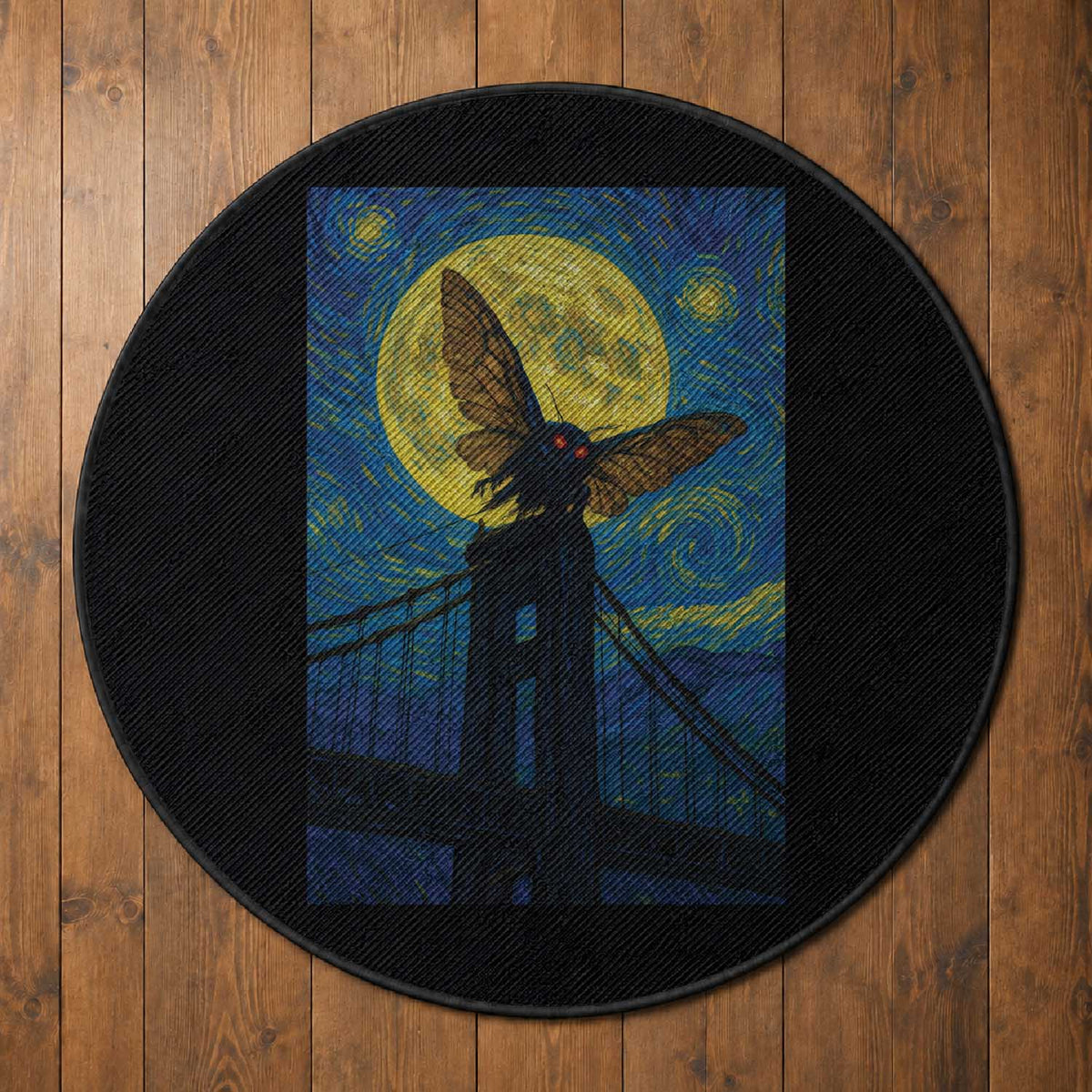 Mothman Starry Night Round Rug Van Gogh Cryptid Gift