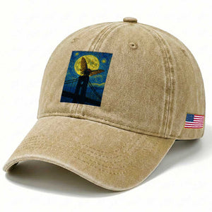 Mothman Starry Night Washed Cotton Baseball Cap Van Gogh Cryptid Gift TS12 Print Your Wear