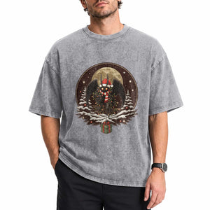 Mothman In Christmas Night Washed Cotton T-Shirt Funny Cryptid Gift