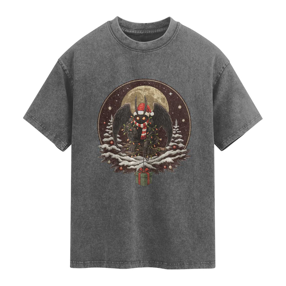 Mothman In Christmas Night Washed Cotton T-Shirt Funny Cryptid Gift