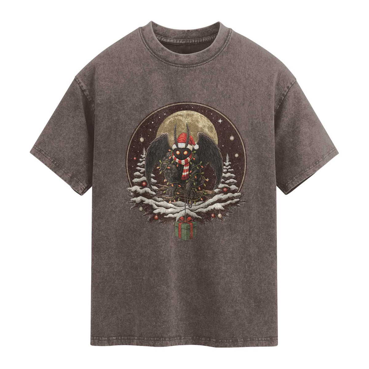 Mothman In Christmas Night Washed Cotton T-Shirt Funny Cryptid Gift