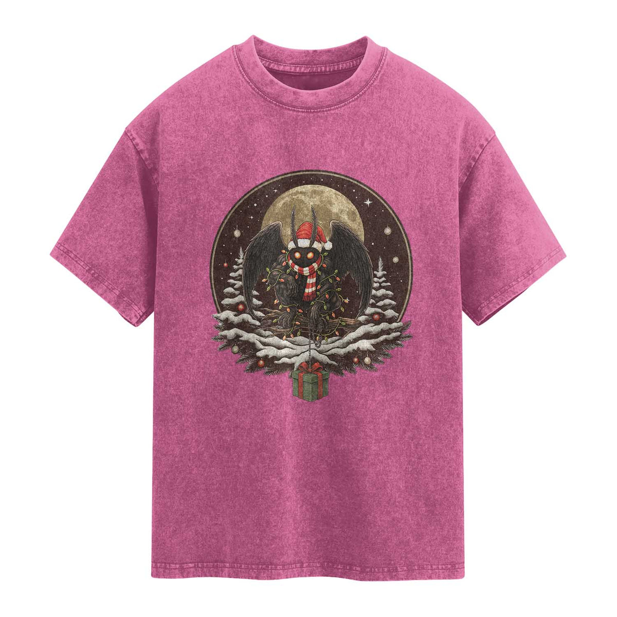 Mothman In Christmas Night Washed Cotton T-Shirt Funny Cryptid Gift