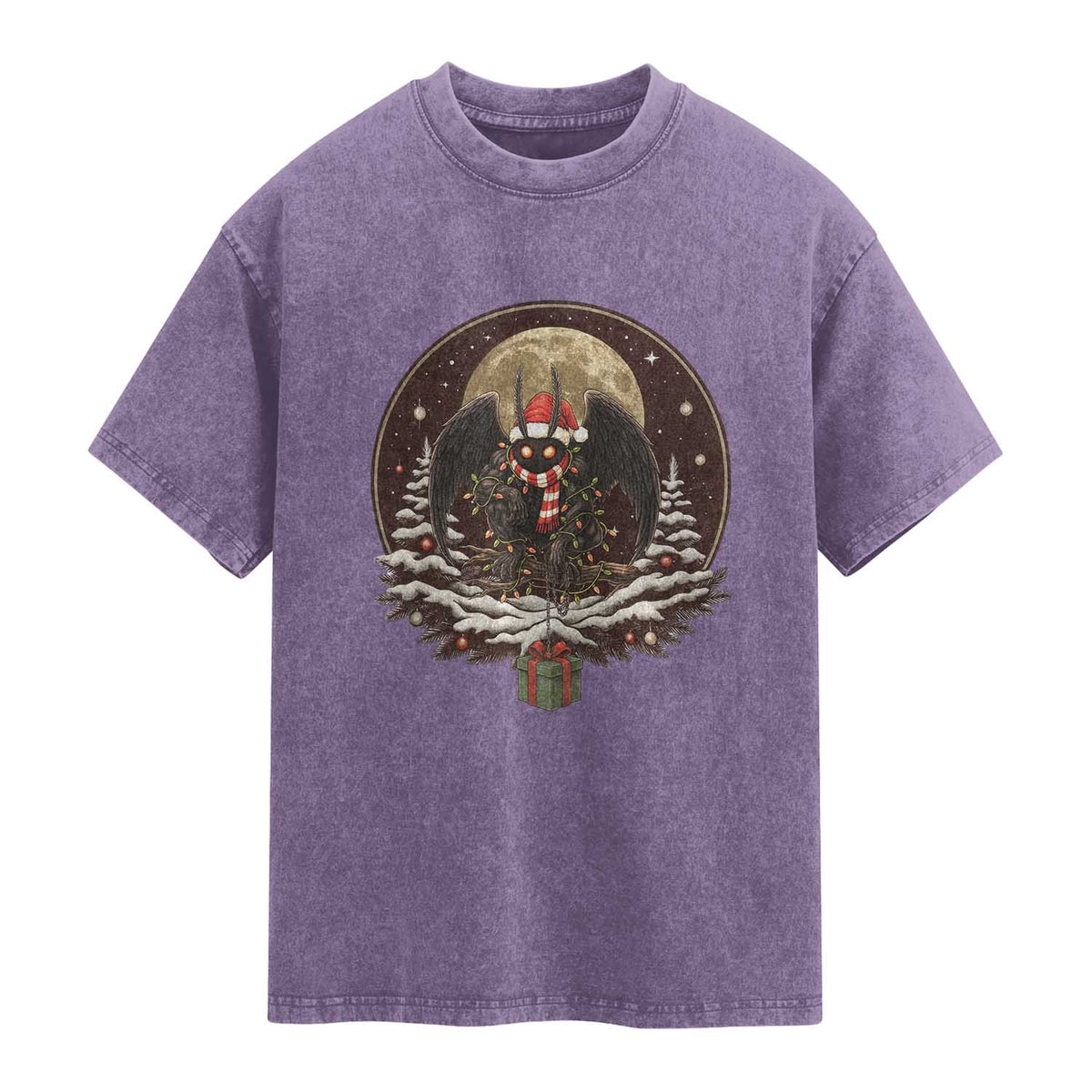 Mothman In Christmas Night Washed Cotton T-Shirt Funny Cryptid Gift