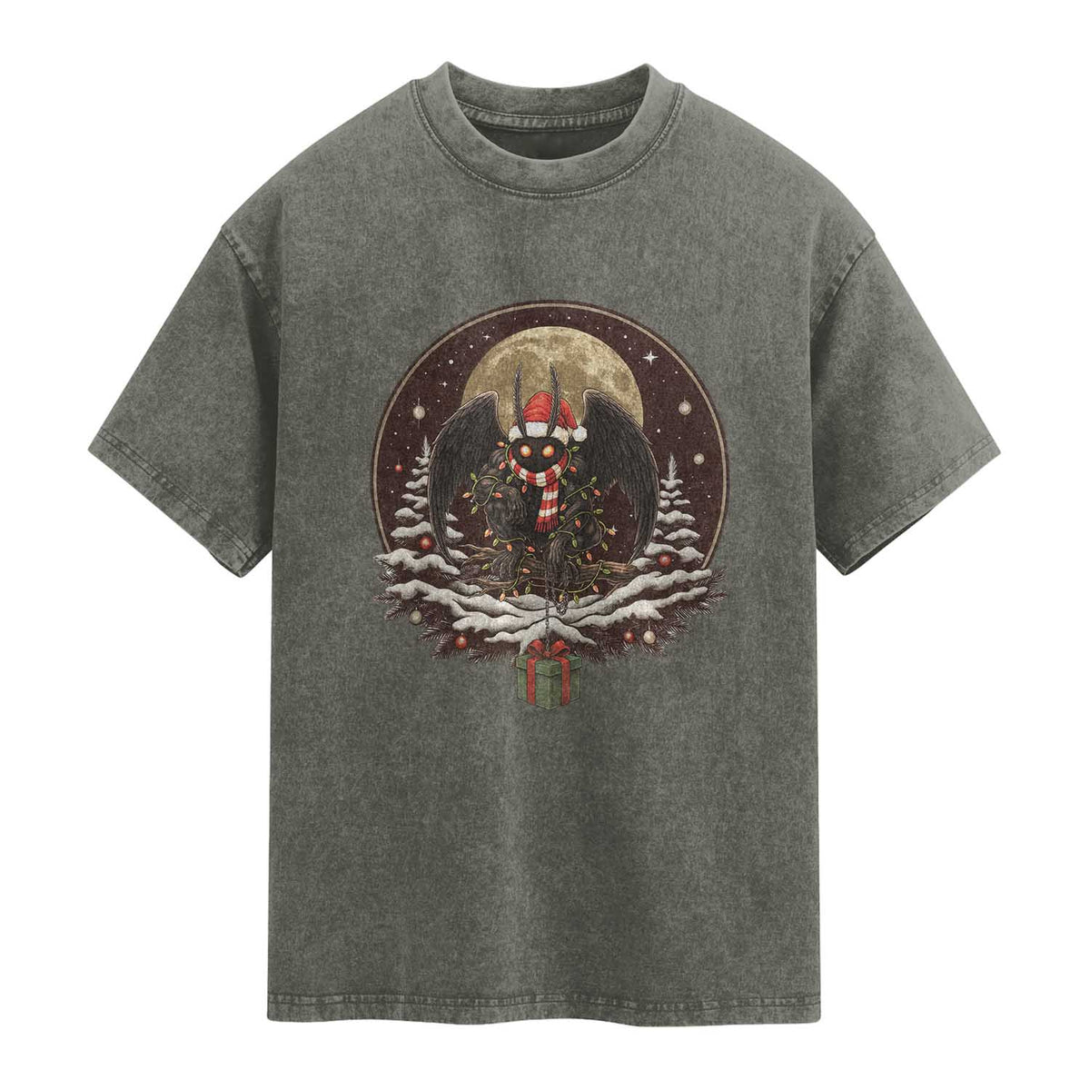Mothman In Christmas Night Washed Cotton T-Shirt Funny Cryptid Gift