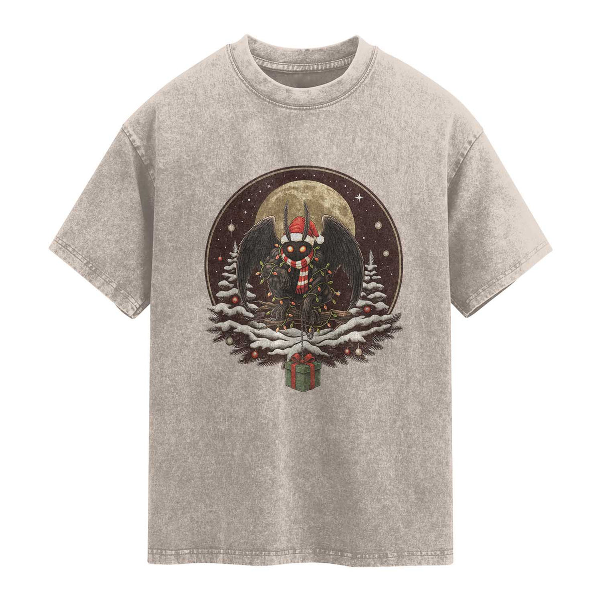 Mothman In Christmas Night Washed Cotton T-Shirt Funny Cryptid Gift