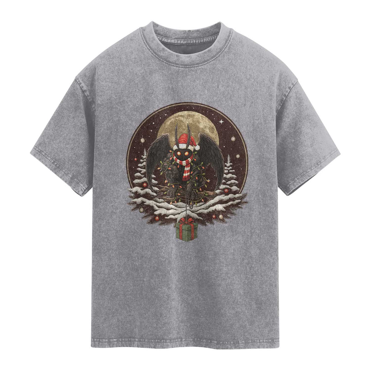 Mothman In Christmas Night Washed Cotton T-Shirt Funny Cryptid Gift