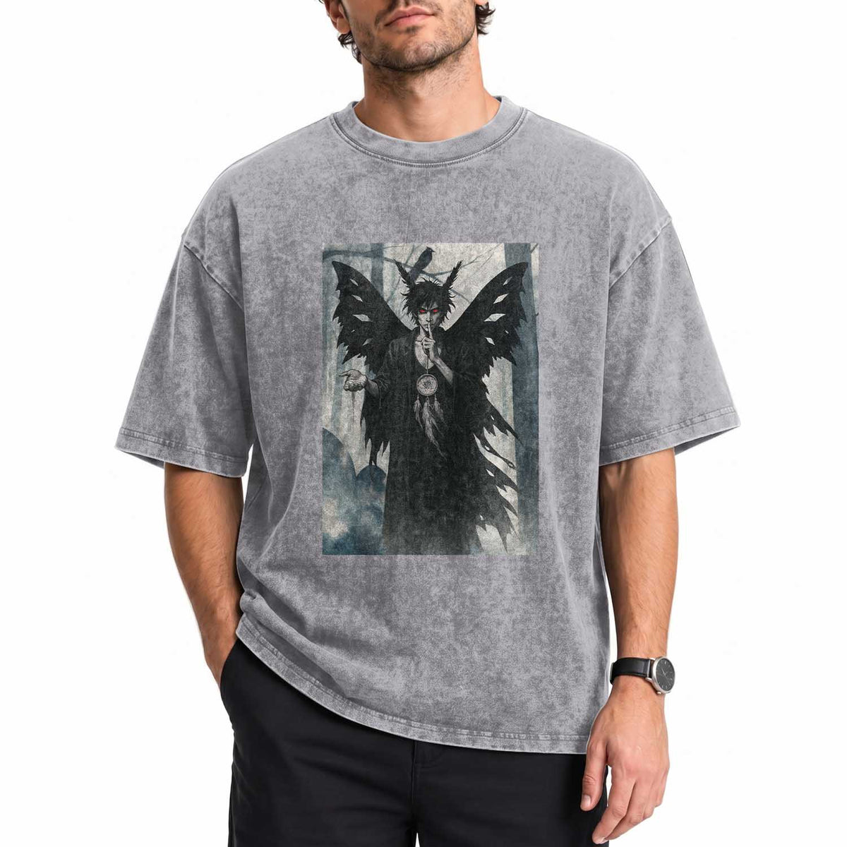 Mothman Sandman Washed Cotton T-Shirt Gothic Horror Fan Gift