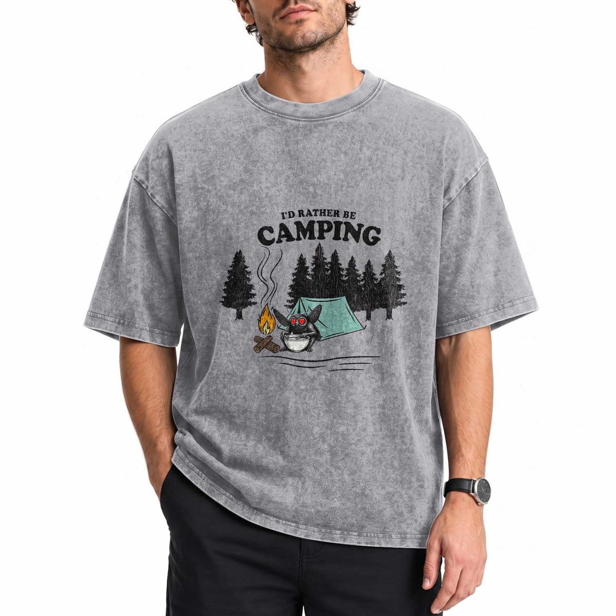 Mothman Washed Cotton T-Shirt Id Rather Be Camping Funny Cryptid Gift