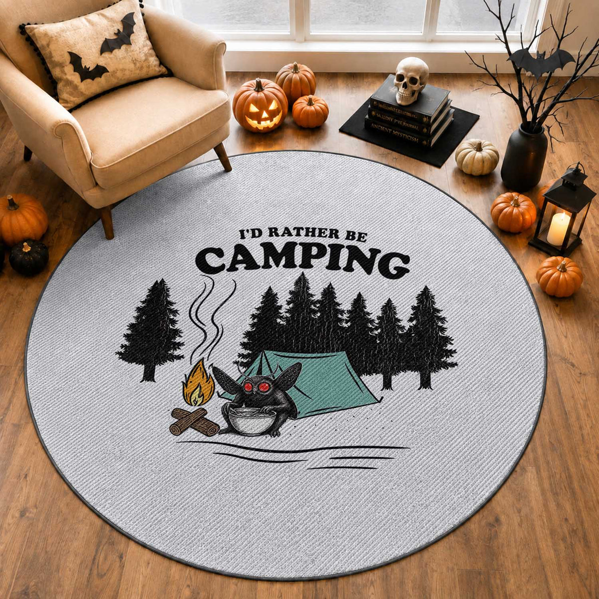 Mothman Round Rug Id Rather Be Camping Funny Cryptid Gift