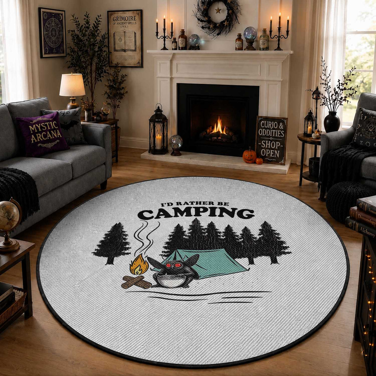 Mothman Round Rug Id Rather Be Camping Funny Cryptid Gift