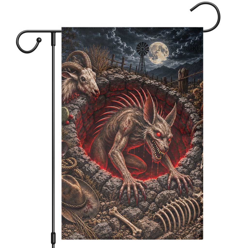 Chupacabra Cryptid Rising From Cracked Earth 3D Optical Illusion Garden Flag Spooky Halloween Gothic Horror Graphic