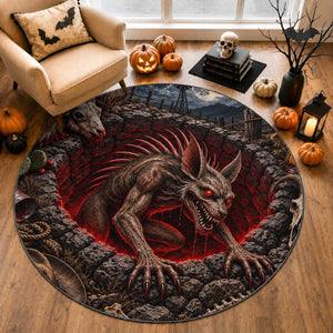 Chupacabra Cryptid Rising From Cracked Earth 3D Optical Illusion Round Rug Spooky Halloween Gothic Horror Graphic