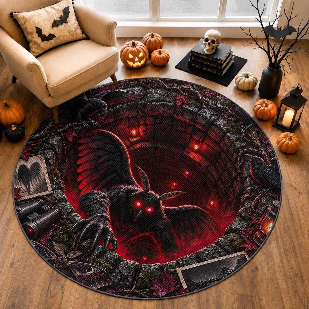 Mothman Winged Cryptid Red Eyes Folklore 3D Optical Illusion Round Rug Silver Bridge West Virginia Horror Gift