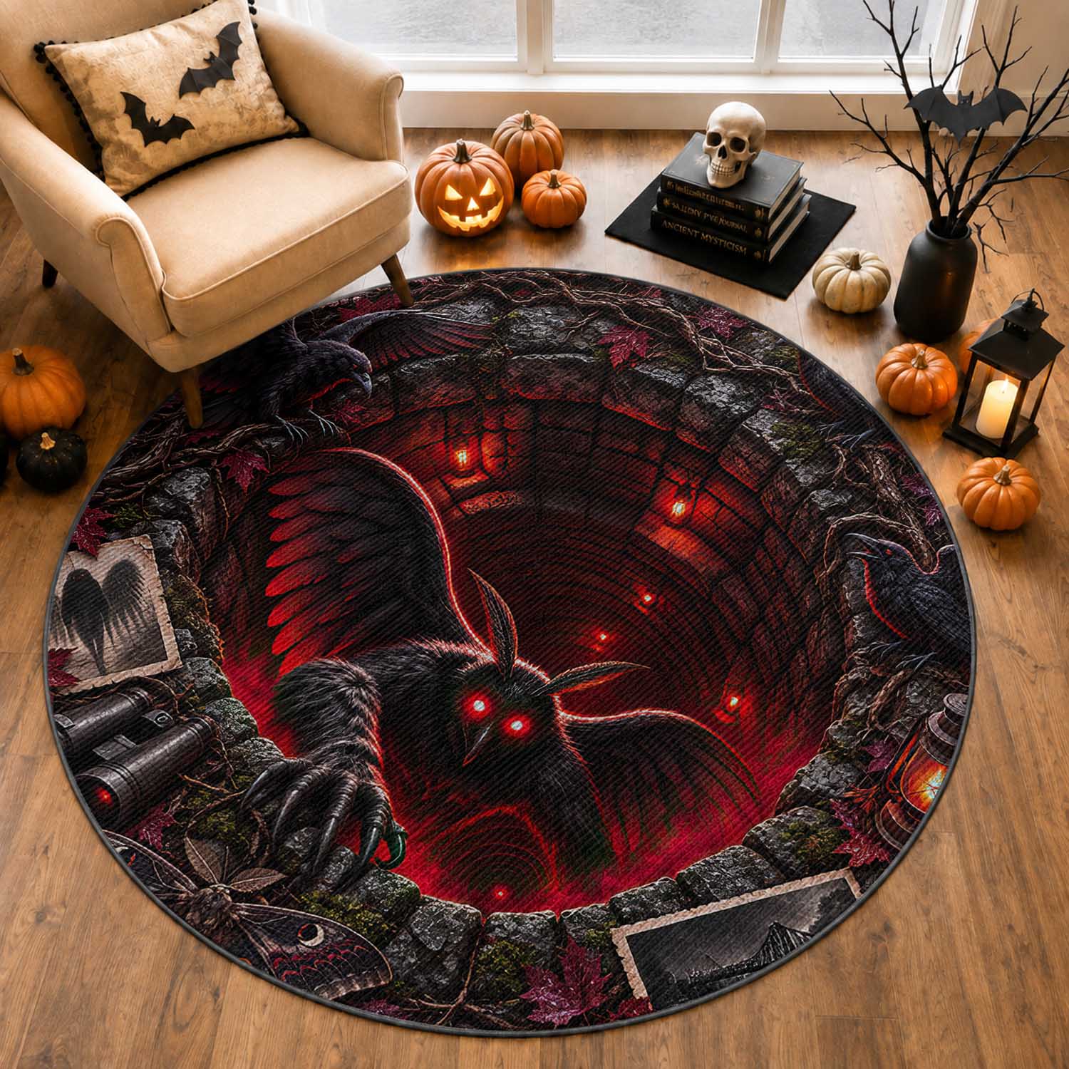 Mothman Winged Cryptid Red Eyes Folklore 3D Optical Illusion Round Rug Silver Bridge West Virginia Horror Gift