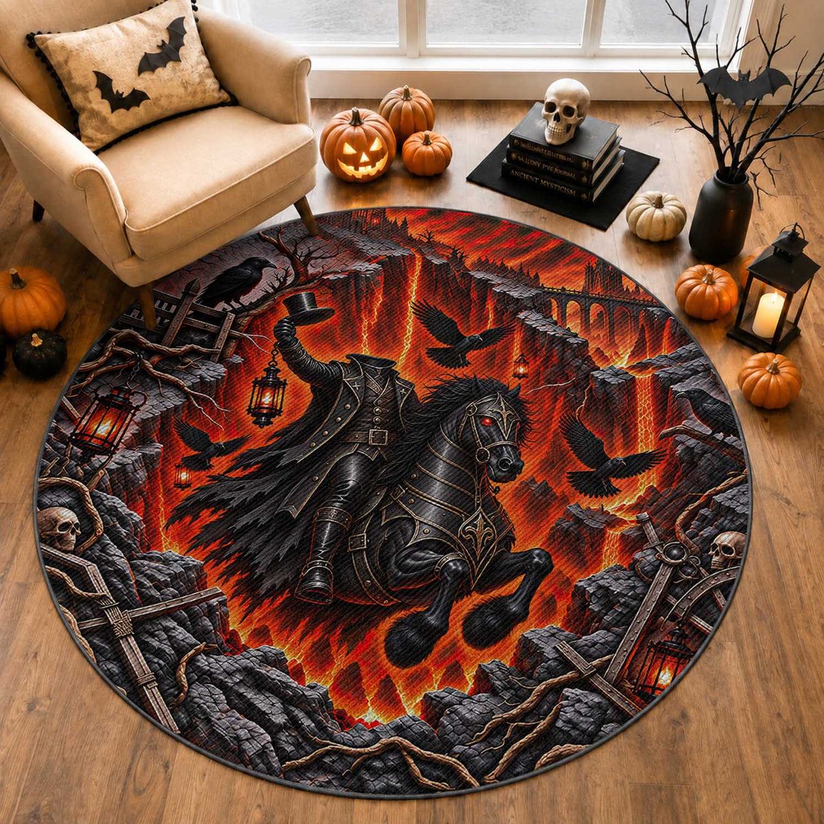 Headless Horseman Haunted Rider 3D Optical Illusion Round Rug Spooky Halloween Gothic Horror Gift