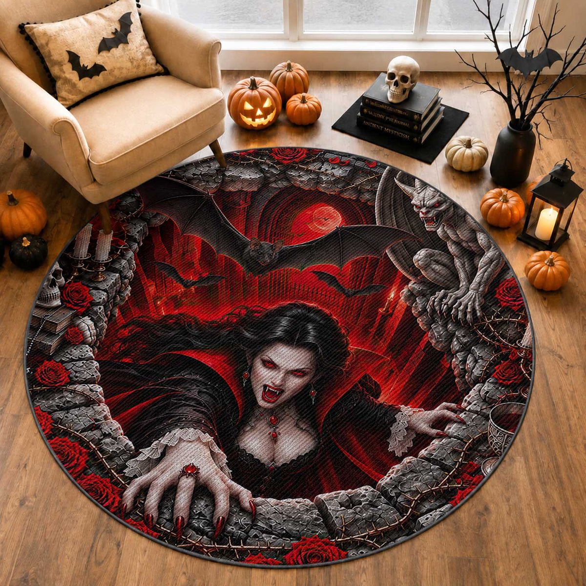 Gothic Vampire Dark Beauty 3D Optical Illusion Round Rug Spooky Halloween Horror Fantasy